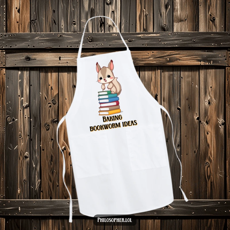 Funny apron depicting a mischievous squirrel precariously balancing a stack of books, perfect for a humorous cooking or baking experience.