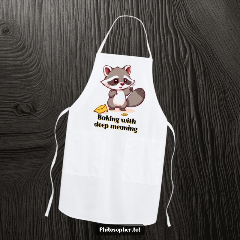Funny apron showing a mischievous raccoon pointing at a fallen leaf, seeking its meaning while cooking. Humorous kitchenware. Gift.