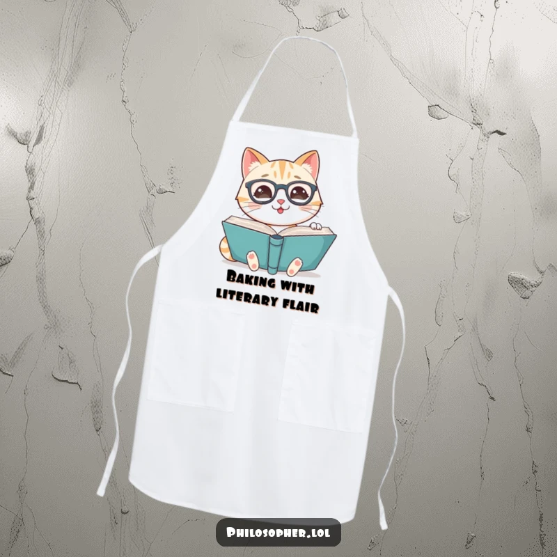 Funny apron showing a smiling cat wearing spectacles, reading a large book, perfect for the kitchen scholar.