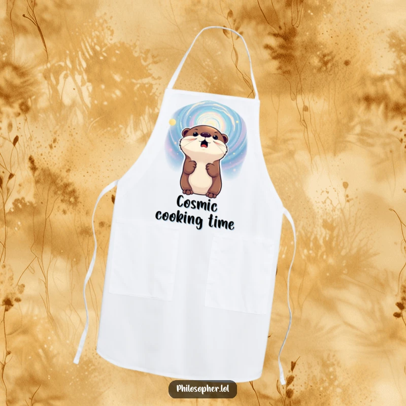 Funny apron design of an excited otter gazing at a galaxy, perfect for kitchen fun and adding a cosmic touch.