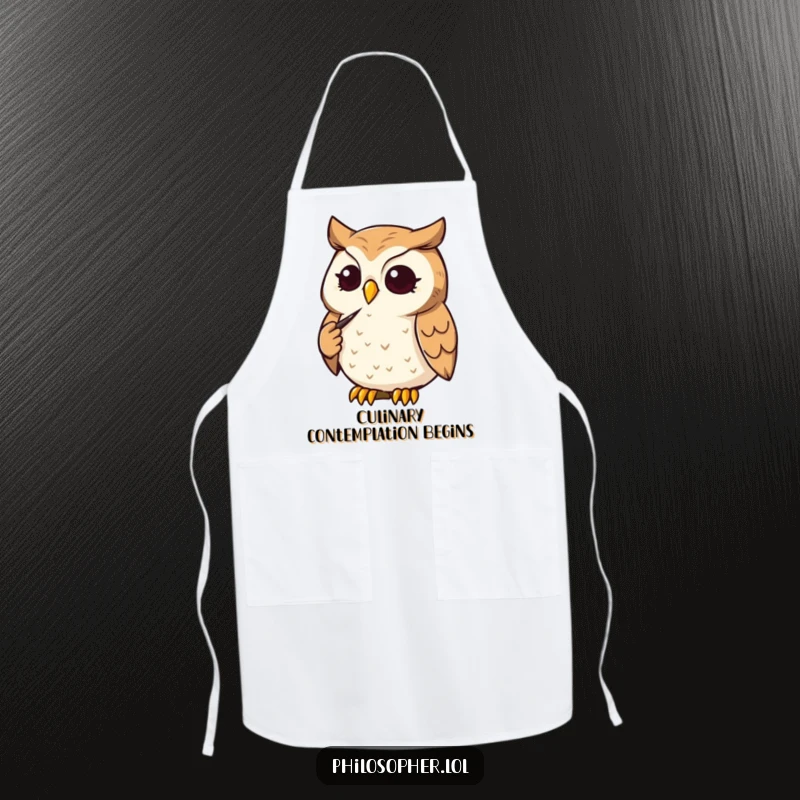 Funny Owl Apron: A determined owl strokes its chin thoughtfully while cooking. This humorous apron is smart and practical, a funny gift.