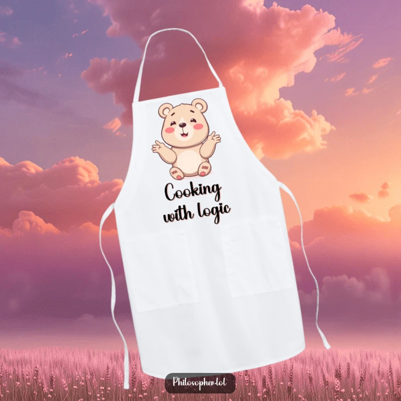 Funny bear apron showing a smiling bear explaining a concept with gestures, practical for cooking and fun.