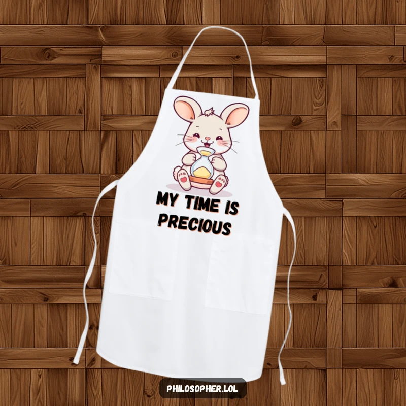 Funny Apron: A humorous cooking accessory with a bouncing bunny mesmerized by an hourglass, for chefs who love a good laugh.