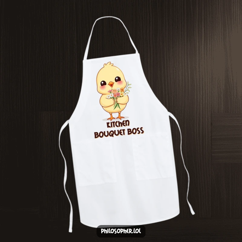 Funny cheerful chick, offering flowers, while wearing an apron, ready for humorous and heartwarming kitchen moments.