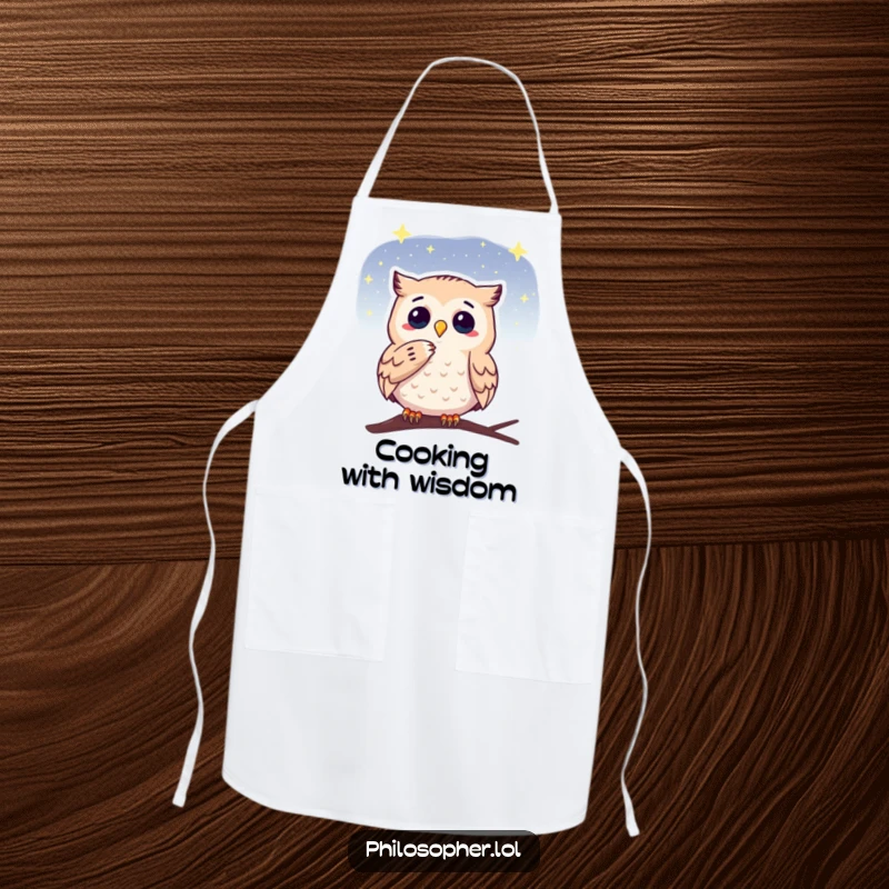 Funny apron featuring a thoughtful owl stroking its chin while stargazing, adding intellectual and humorous charm to kitchen duties.