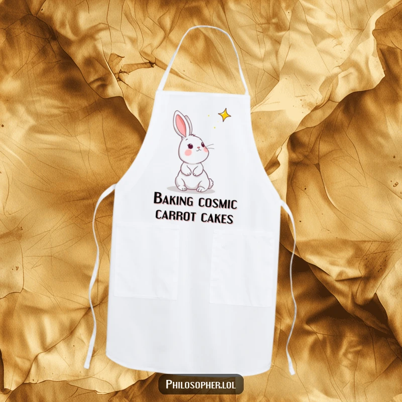 Funny chef rabbit apron showing a bunny gazing at stars while cooking, a humorous kitchen accessory.