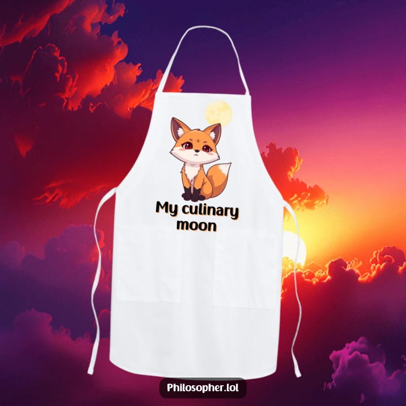 Funny apron with a determined fox gazing at the moon, ideal for kitchen protection with a humorous, contemplative touch.