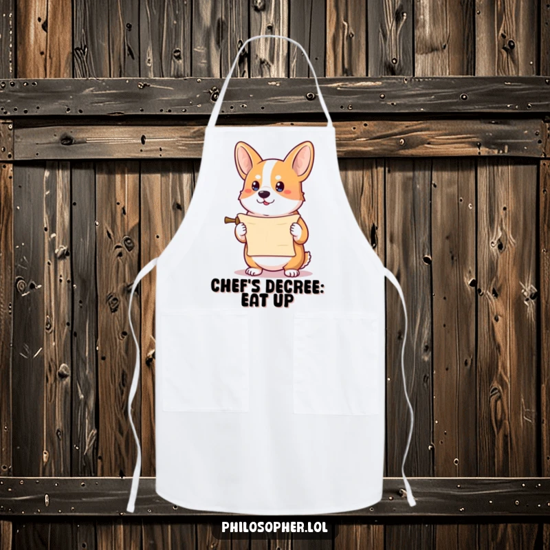 Funny corgi apron showing a determined corgi holding a tiny scroll, a humorous kitchen accessory for chefs.