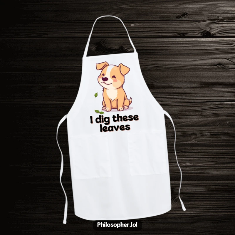 Funny apron depicting a beaming dog pausing its kitchen duties to contemplate a single autumn leaf with a smile.