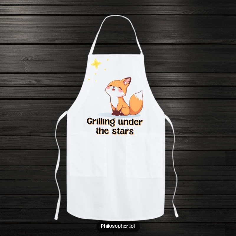 Funny apron with a joyful fox looking up at a distant, twinkling star, perfect for cooking.