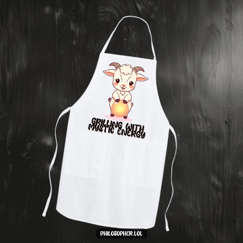 Funny apron showing a bouncy goat balancing a small, glowing orb, perfect for adding magic to cooking.