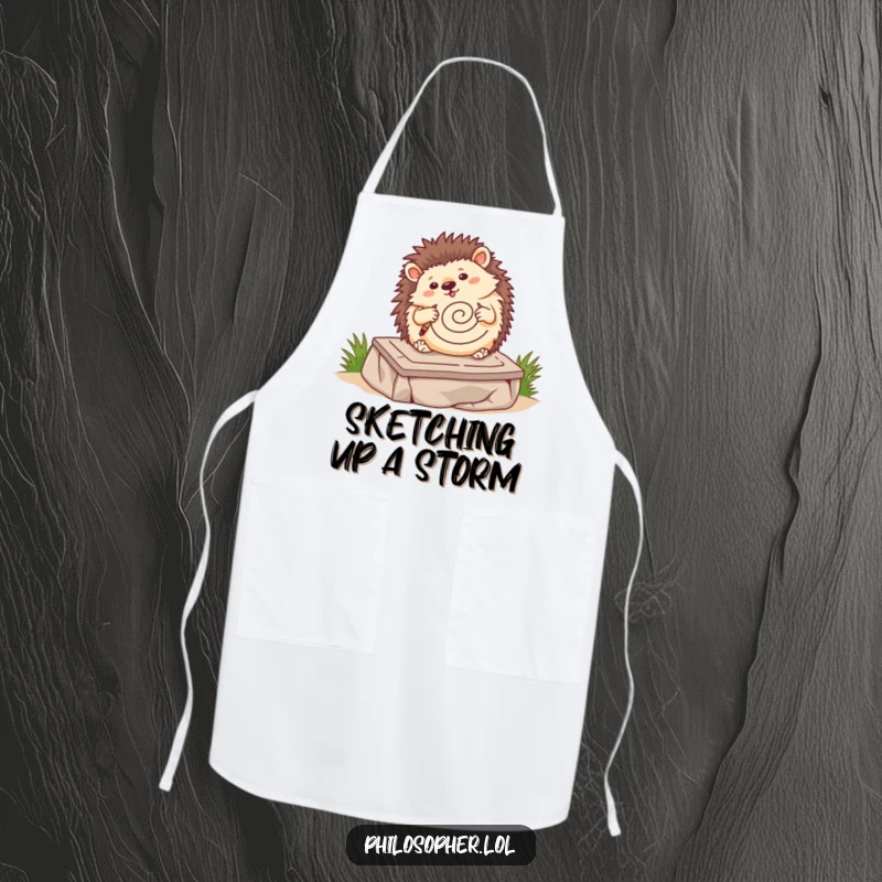 Funny hedgehog apron, wobbling hedgehog drawing a spiral on a stone tablet, kitchen wear, cute animal graphic.