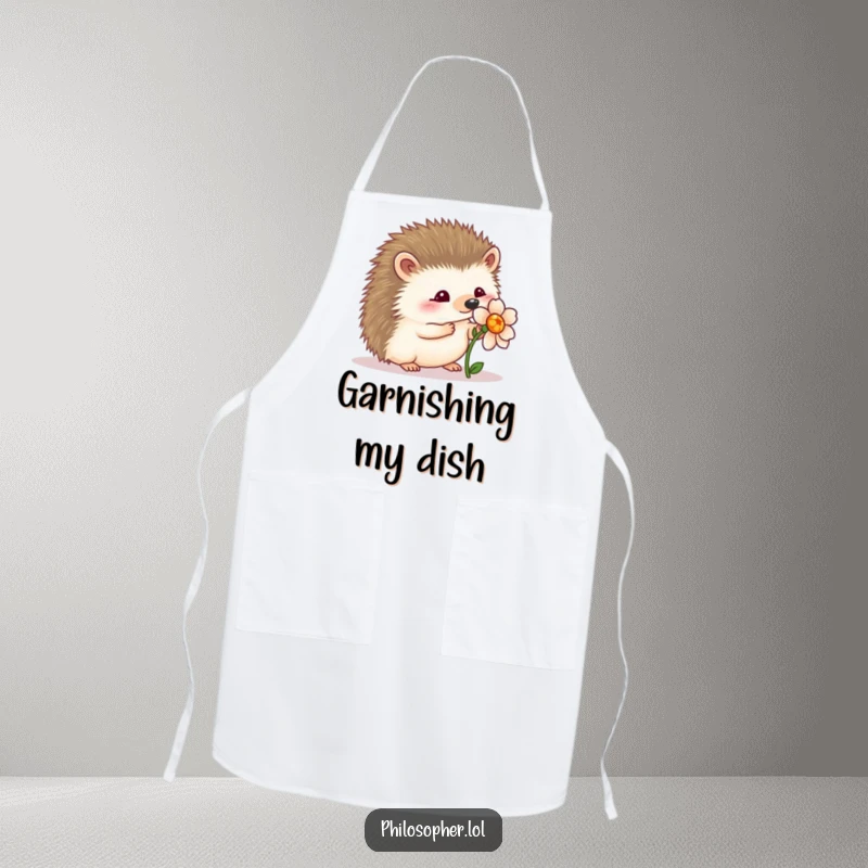 Funny wobbly hedgehog apron: a kitchen apron with a hedgehog wobbling near a flower, symbolizing gentle cooking.