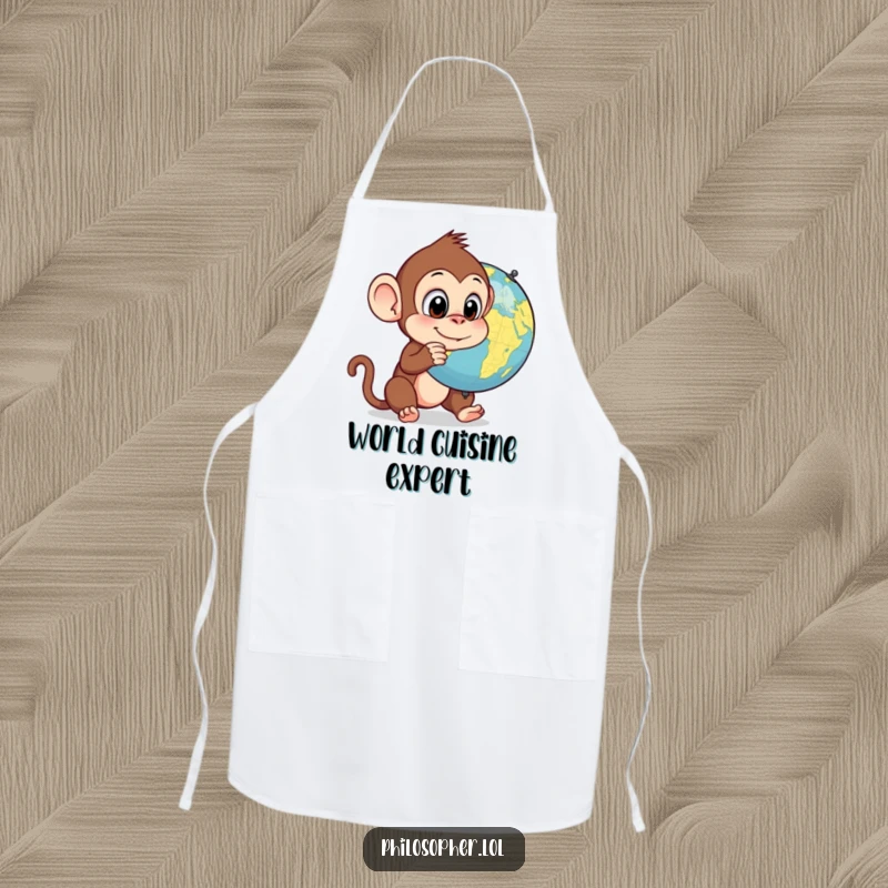 Funny monkey apron, chef at work, silly primate contemplating a spinning globe, humorous kitchen wear.