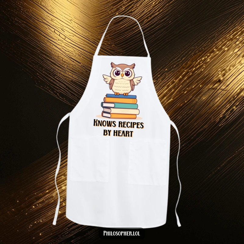 Funny owl apron, depicting a proud owl perched on books, making cooking and reading humorously compatible for chefs.