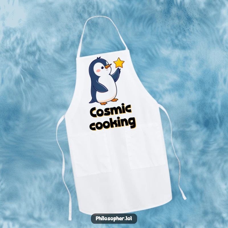 Funny penguin apron with a wise bird pointing at a star, ideal for cosmic kitchen adventures.
