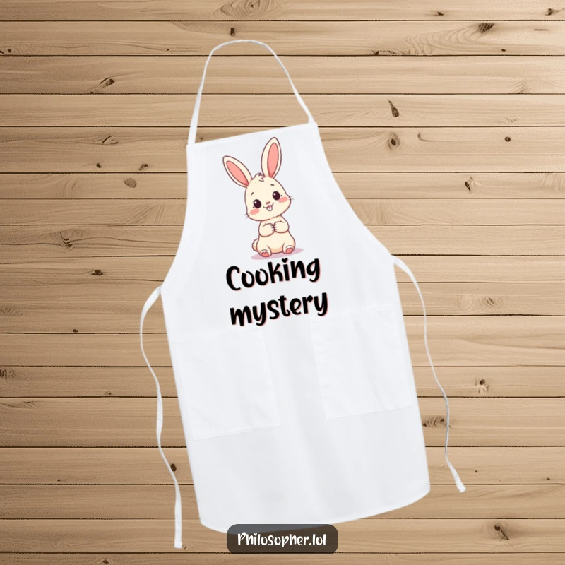 Funny apron displaying a happy bunny looking thoughtfully at a large question mark, bringing a sense of curiosity and fun to the kitchen.