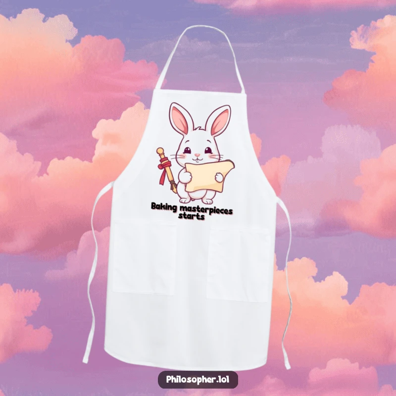 Funny Rabbit Apron: A playful rabbit with an inspired scroll is cooking. This humorous apron is artistic and practical, a funny gift.