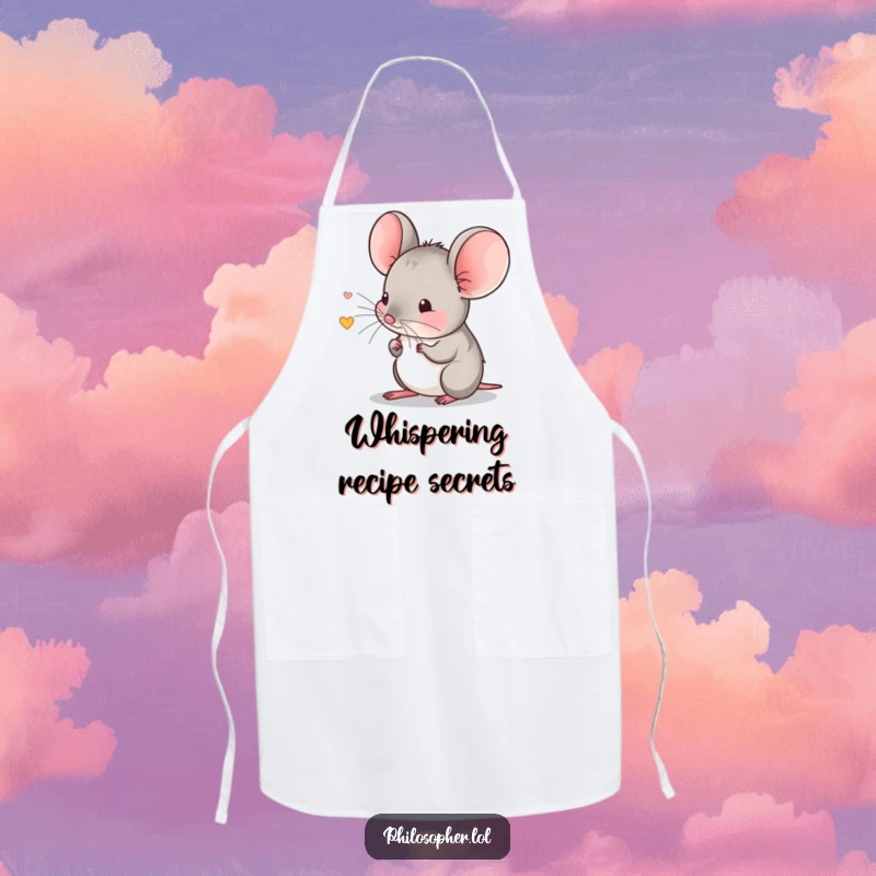 Funny apron with a shy mouse listening to a tiny echo, ideal for cooks who need quiet focus.