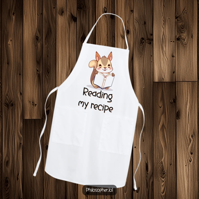 Funny apron showing a playful squirrel holding a tiny book upside down, great for kitchen humor and protection.