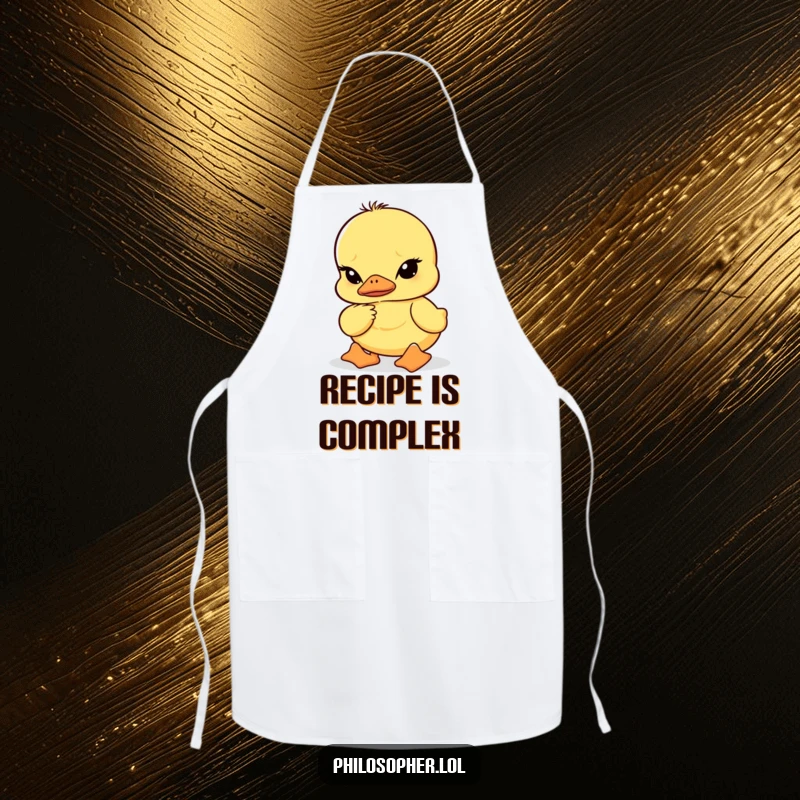 Funny apron depicting a wobbly duckling with furrowed brows in deep thought, adding a humorous and intellectual touch to kitchen activities.