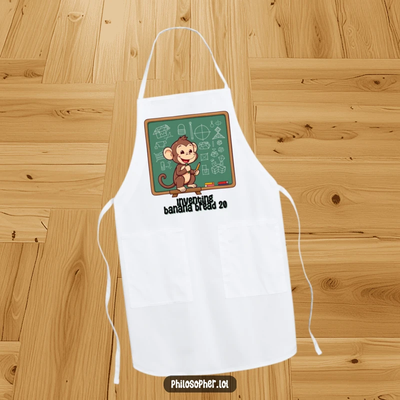 Funny apron showing a cheerful monkey sketching complex diagrams on a chalkboard, perfect for the inventive chef.
