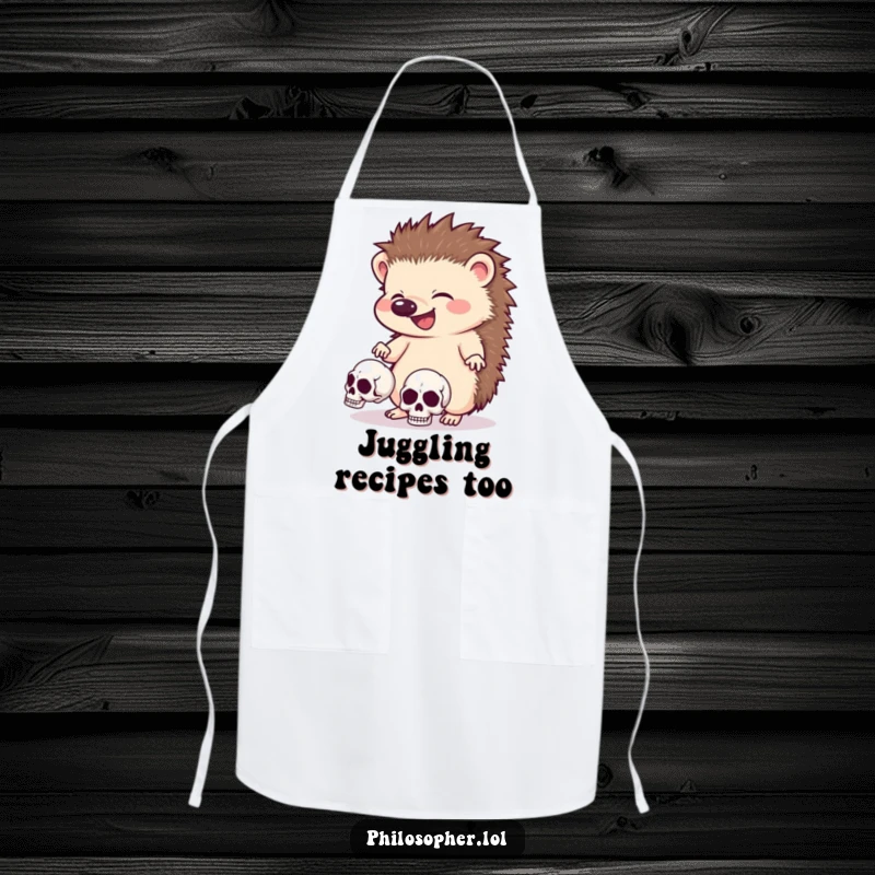 Funny hedgehog apron, cooking, giggling animal juggling skulls, spooky themed kitchen wear.