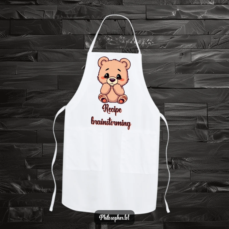 Funny bear cub apron with a cub in a classic thinking pose, ideal for kitchen contemplation.