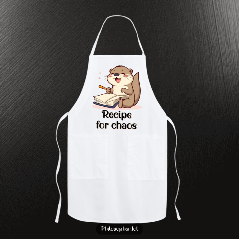 Funny apron displaying a joyful otter furiously scribbling in a large book, bringing a sense of artistic dedication and kitchen creativity.