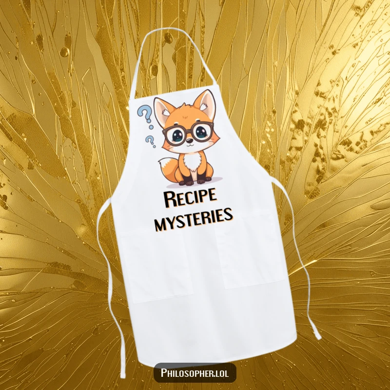 Funny apron featuring a curious fox cub wearing spectacles, pondering a question mark while in the kitchen, adding intellectual humor.