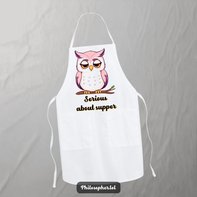 Funny apron with a contemplative owl stroking its chin, brow furrowed, perfect for cooking.
