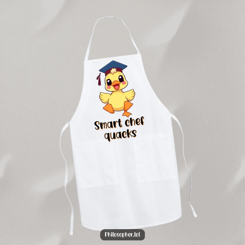 Funny delighted duck wearing a mortarboard hat, on an apron, ready for humorous culinary triumphs.