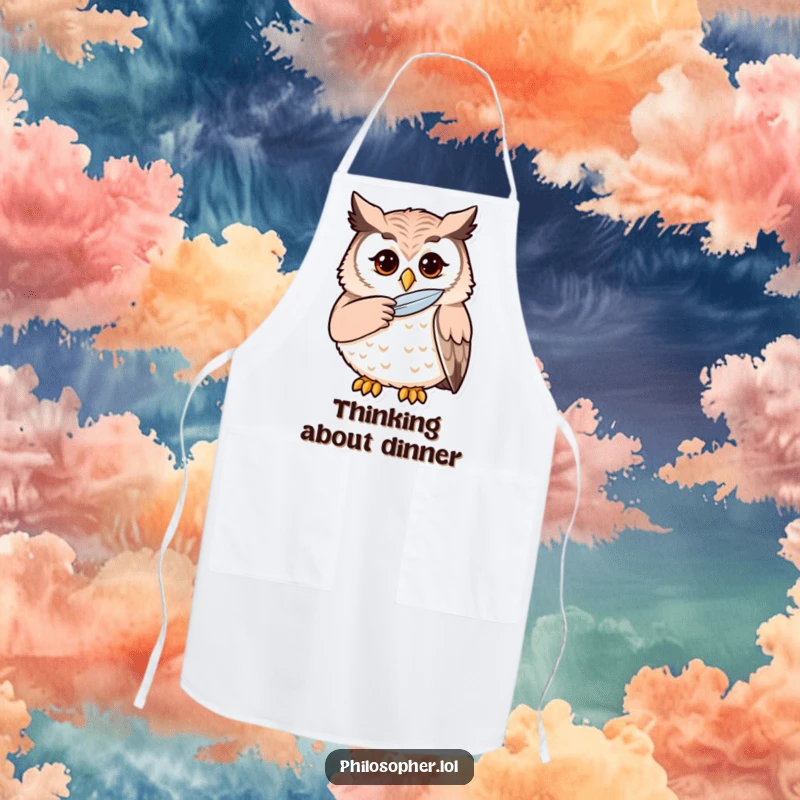 Funny owl apron showing a thoughtful owl stroking its chin, a humorous and practical kitchen accessory.