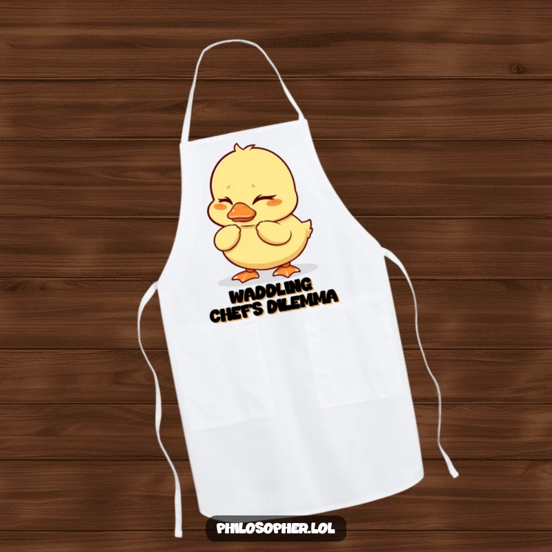 Funny duckling apron showing a wobbly duckling with furrowed brows deep in thought, ideal for humorous cooking.