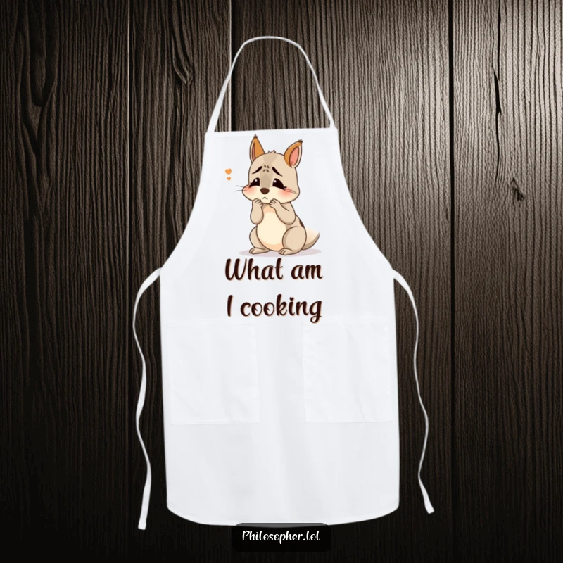Funny confused squirrel apron: a kitchen apron with a squirrel scratching its head, symbolizing humorous kitchen confusion.
