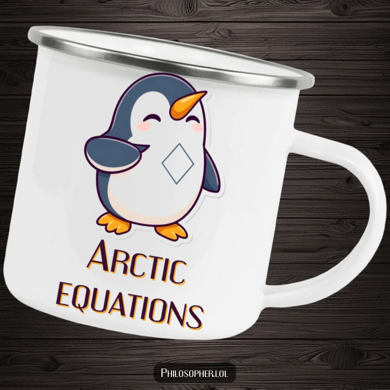 Funny Penguin Geometry Camping Mug with a curious penguin examining a geometric figure, perfect for enjoying drinks in the wild.