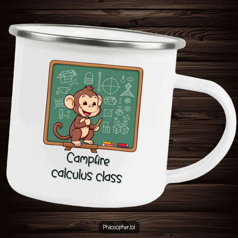 Funny camping mug with a cheerful monkey sketching complex diagrams on a chalkboard, for smart outdoor brews.