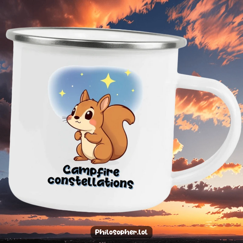 Funny camping mug featuring a determined squirrel gazing at a starry sky, ideal for enjoying drinks during outdoor stargazing and dreaming.