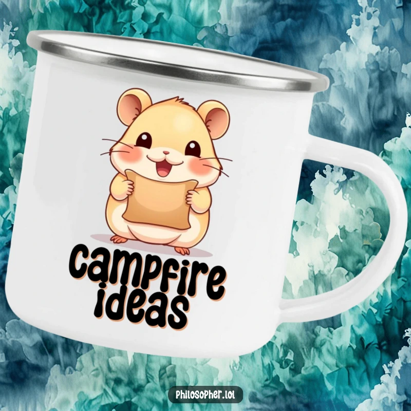 Funny camping mug with a beaming hamster holding a tiny scroll, looking inspired, perfect for outdoor enthusiasts and creative minds.