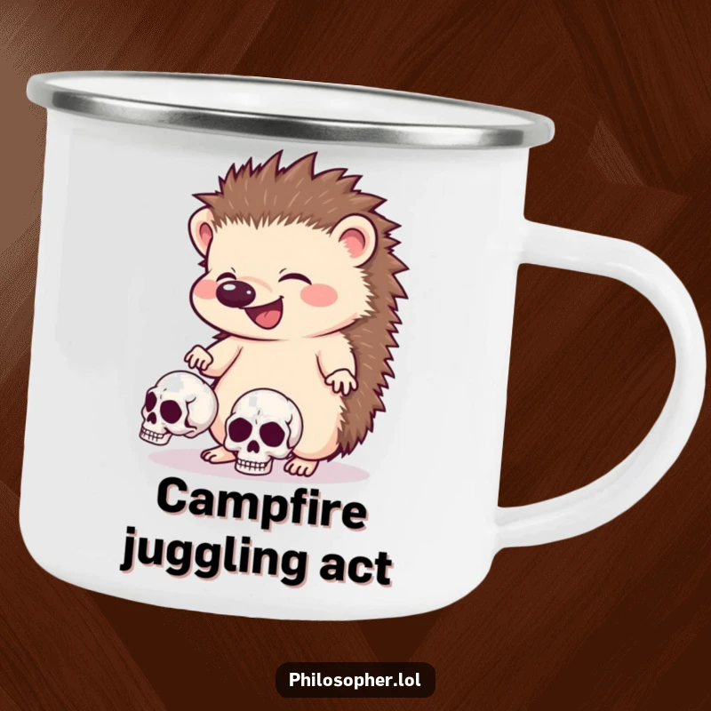 Funny hedgehog camping mug, outdoors, giggling animal juggling skulls, spooky and humorous drinkware.