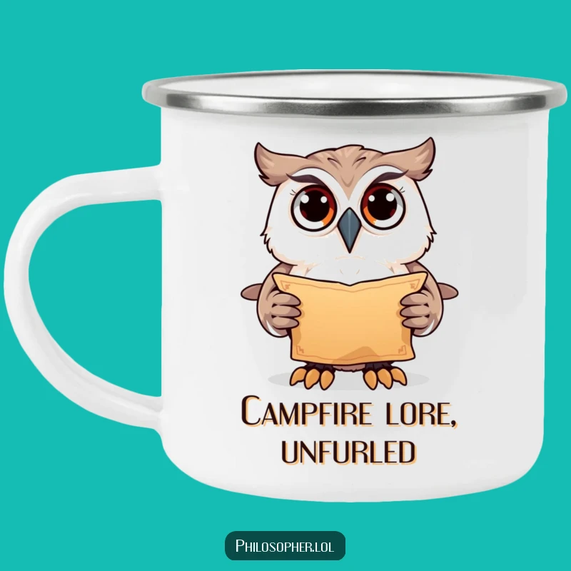 Funny Owl Ancient Scroll Camping Mug: Explore Mysteries Outdoors