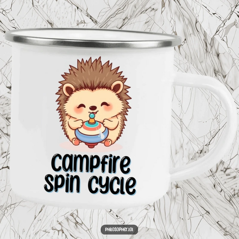 Funny hedgehog camping mug with a happy hedgehog contemplating a spinning top, for hilarious outdoor enjoyment.