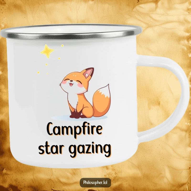 Funny camping mug with a joyful fox looking at a distant, twinkling star, ideal for outdoor drinks.