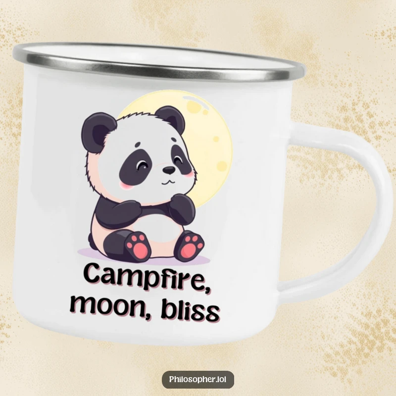 Funny camping mug with a contented panda cub thoughtfully gazing at the moon. Perfect for outdoor contemplation. Gift.