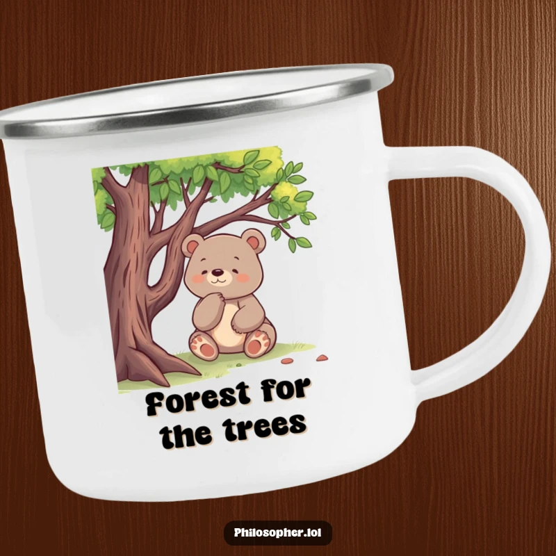 Funny camping mug with a happy bear sitting under a tree, deeply contemplating nature, great for outdoor enthusiasts.