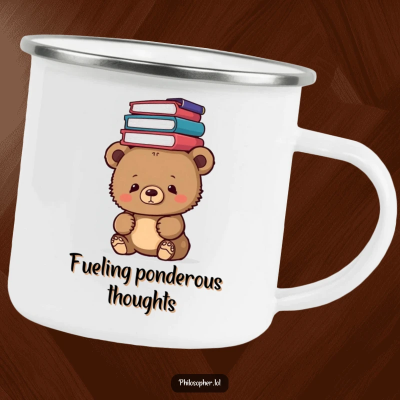 Funny bear cub balancing philosophy books on its head, featured on a camping mug, for outdoor adventures and humor.