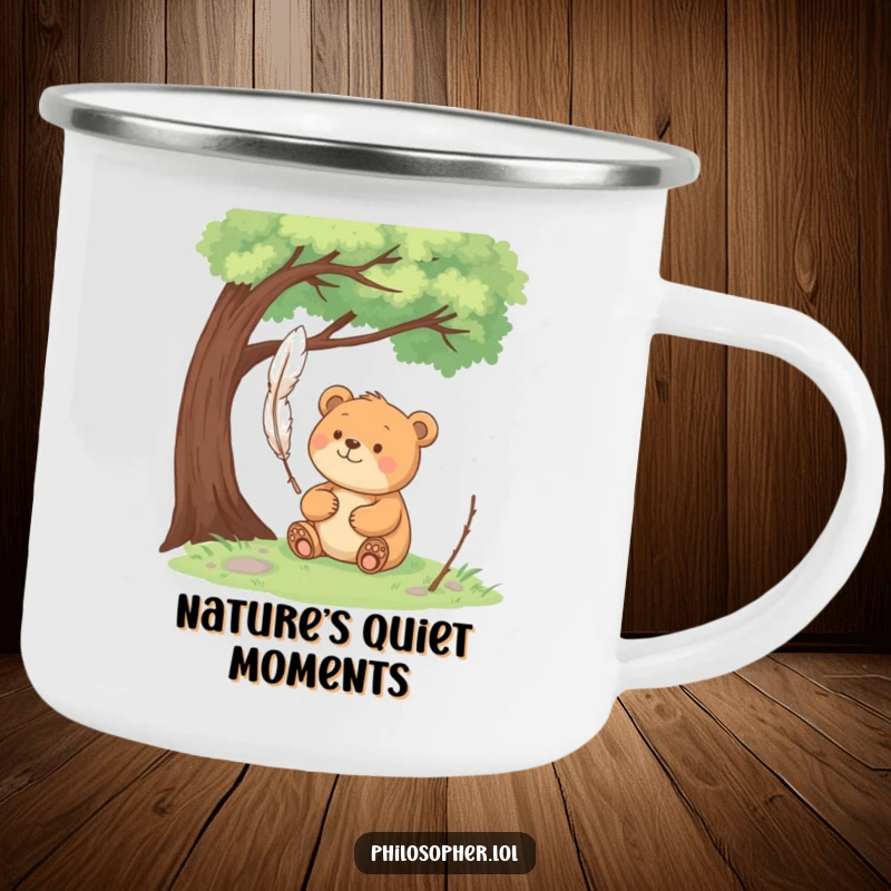Funny happy bear sits under a tree, pondering a floating feather on a camping mug, perfect for peaceful sipping.