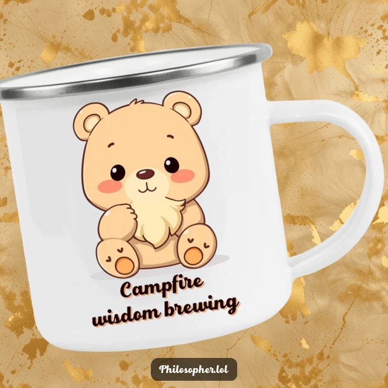 Funny bear stroking beard, enamel camping mug, wise outdoor gear, ideal funny gift.