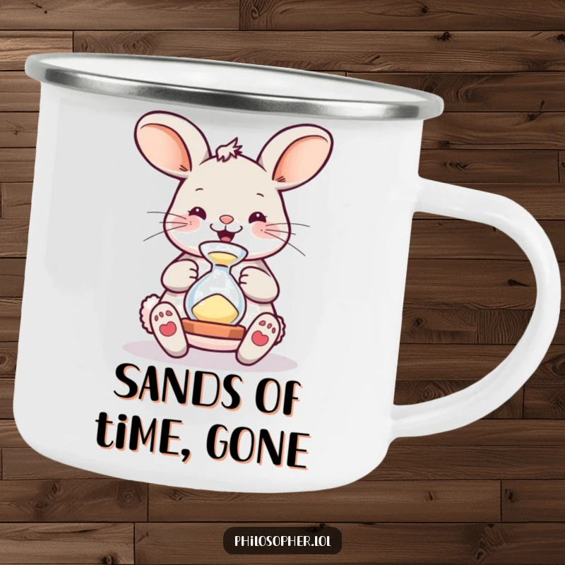Funny Camping Mug: Durable enamel mug with a bouncing bunny and hourglass design for adventurous, humorous sipping.