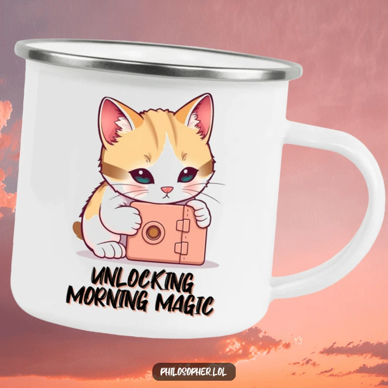 Funny cat camping mug with a curious cat trying to unlock a tiny box, for hilarious outdoor mystery enjoyment.